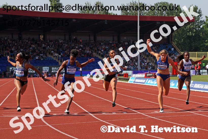 English Gardner (USA) wins the womens 100 metres final from Dafne Schippers (NED) and Tianna Bartoletta (USA), IAAF Diamond League, Birmingham. Photo: David T. Hewitson/Sports for All Pics